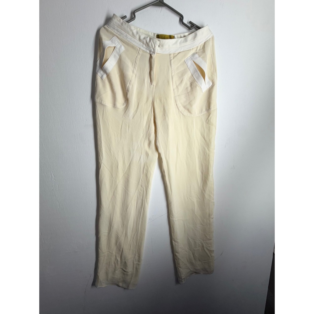 Nicole Miller Cream Trousers White Trim Pocket Detail Straight Leg Pants Size 2